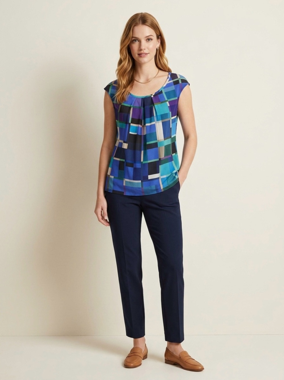 ST. JOHN Stretch Silk Blouse Top Womens P Petite Blue Geometric Plaid Cap Sleeve